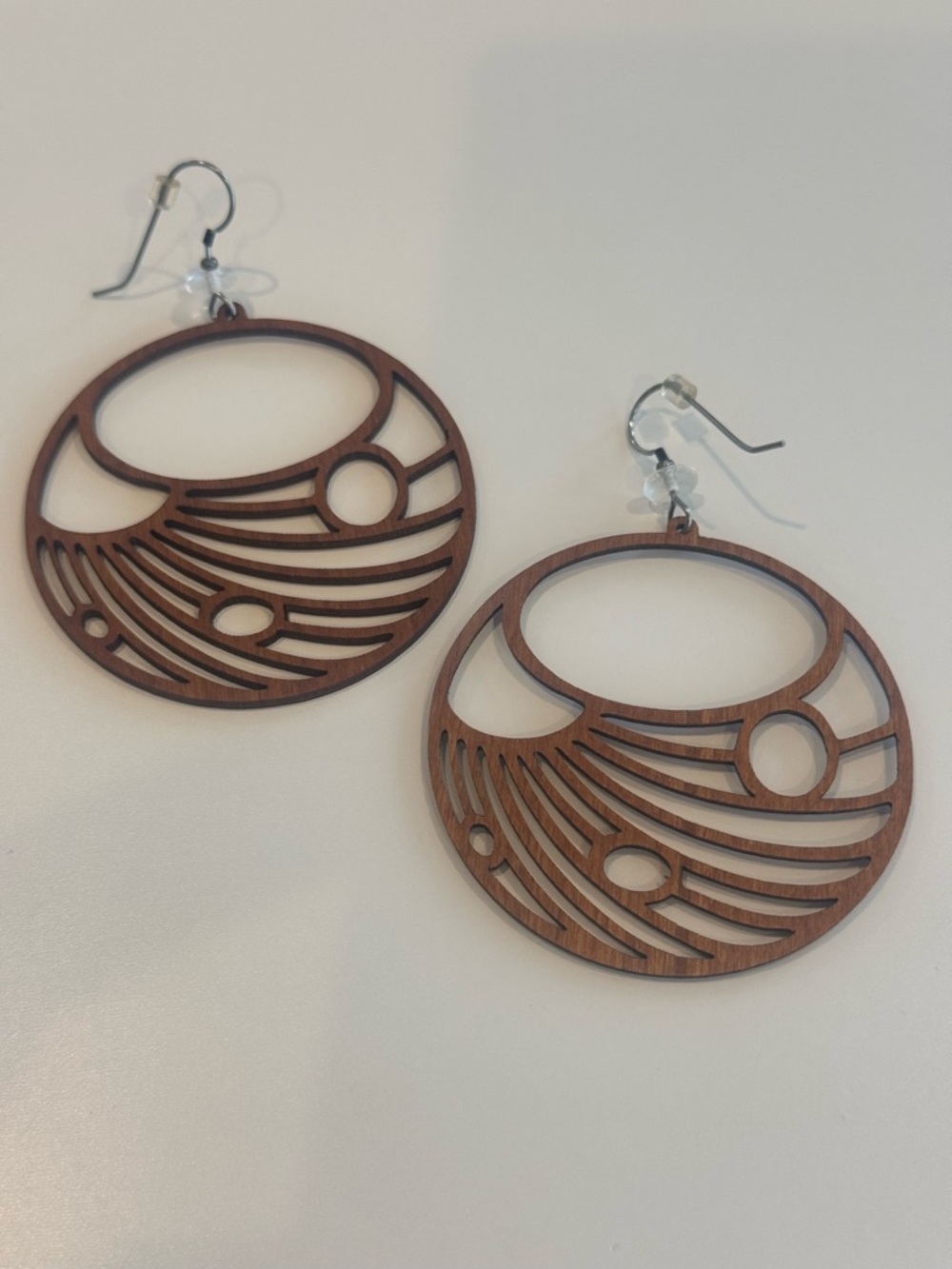 Round Laser-Cut Wooden Dangle Earrings - Brown